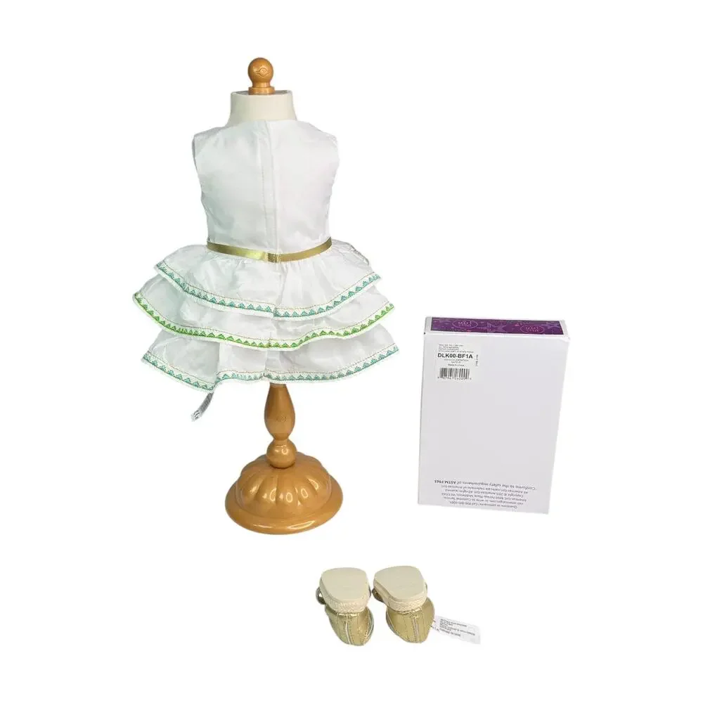 American Girl Lea Celebration Dress Embroidery Gold Belt Strap Sandal Shoes Box